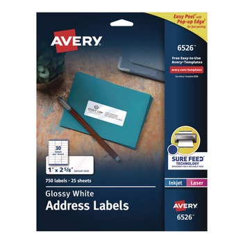 Avery 06526 Easy Peel 1 in. x 2.63 in. Inkjet/Laser Printers Mailing Labels with Sure Feed Technology - Glossy White (750/Pack)