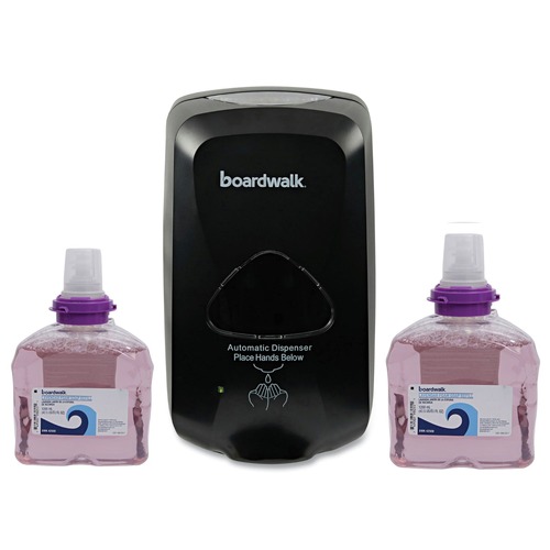 Soap Dispensers | Boardwalk 4220042500-BNDL 1200 mL 6 in. x 4.05 in. x 10.58 in. Touch-Free Foam Soap Dispenser and 1200 mL Cranberry Scent Lavender Foam Soap Refill Bundle (2 Refill/Carton) image number 0