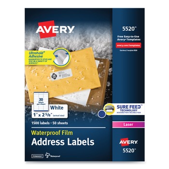 Avery 05520 Waterproof 1 in. x 2.63 in. Address Labels for Laser Printers - White (30/Sheet, 50 Sheets/Pack)