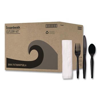 Boardwalk BWKFKTNMWPSBLA Mediumweight Fork/Knife/Napkin/Spoon 4-Piece Plastic Cutlery Kit - Black (250/Carton)
