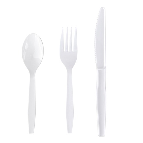 Cutlery | Boardwalk BWK3KITHVYWH 3-Piece Polystyrene Fork/Knife/Teaspoon Cutlery Kit - White (250/Carton) image number 0