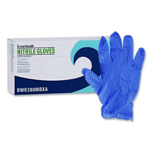 Disposable Gloves | Boardwalk 380MBXA 380 Series 4 mil Thick 9.5 in. Long Powder-Free Disposable General-Purpose Nitrile Gloves - Medium, Blue (100/Box) image number 0