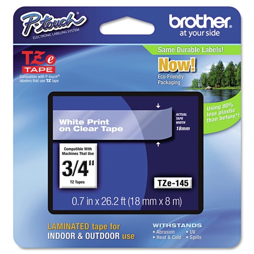 Labels | Brother P-Touch TZE145 TZe 0.7 in. x 26.2 ft. Standard Adhesive Laminated Labeling Tape - White on Clear image number 0