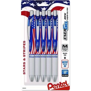Pentel BL77USABP5A 0.7 mm Medium EnerGel RTX Retractable Gel Pen - Black Ink, Stars and Stripes Barrel (5/Pack)