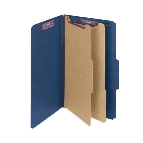 File Folders | Smead 19035 Six SafeSHIELD Fasteners 2 Dividers Legal Size Six-Section Pressboard Top Tab Classification Folders - Dark Blue (10/Box) image number 0