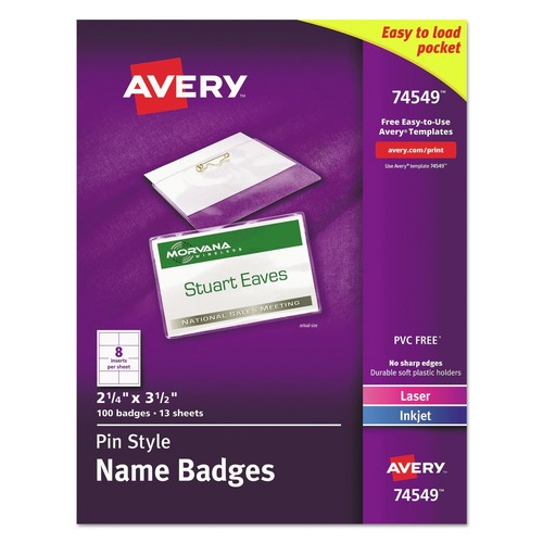 Just Launched | Avery 74549 3.5 in. x 2.25 in. Top Load Pin-Style Badge Holder with Laser/Inkjet Insert - White (100/Box) image number 0