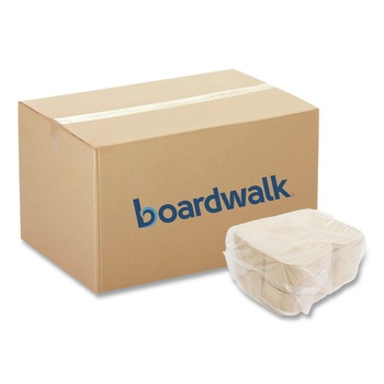 Boardwalk BWKHINGE96NPFA 6 in. x 3 in. x 9 in. Bagasse PFAS-Free Hinged Lid Food Containers - Tan (250/Carton)