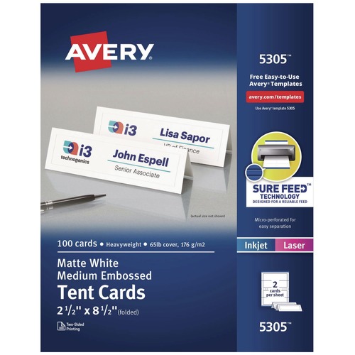 Just Launched | Avery 05305 8.5 in. x 2.5 in. Medium Embossed Tent Cards - White (2 Cards/Sheet, 50 Sheets/Box) image number 0