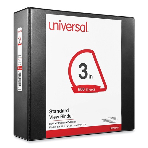 Binders | Universal UNV20747 11 in. x 8.5 in. 3 in. Capacity 3-Slant D-Ring View Binder - Black image number 0