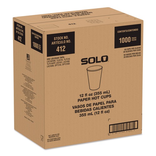 Cups and Lids | SOLO 412RCN-PLANET Recycled Content PCF Paper Hot Cups ProPlanet Seal 12 oz White/Blue (1000/Carton) image number 0