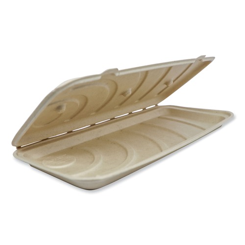 Food Trays, Containers, and Lids | World Centric PB-SC-U13-LFS 13.7 in. x 6.6 in. x 1.3 in. Fiber Hinged Paper Containers - Natural (200/Carton) image number 0