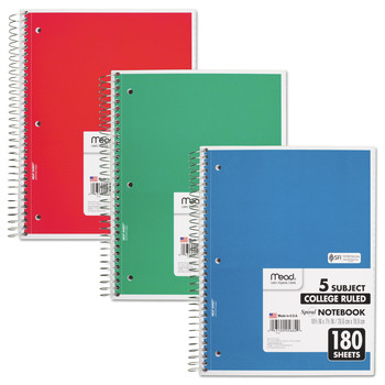 NOTEBOOKS AND PADS | Mead 05682 (180) 10.5 in. x 8 in. Sheets 5-Subject Medium/College Rule Spiral Notebook - Randomly Assorted Cover Color