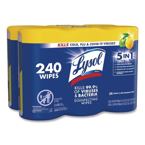 Hand Wipes | LYSOL Brand 19200-84251 7 in. x 7.25 in. 1-Ply Disinfecting Wipes - Lemon and Lime Blossom/White (2/Carton) image number 0
