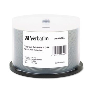 Verbatim 94795 700 MB/80 min 52x Spindle Hub Printable CD-R DataLifePlus Printable Recordable Disc - White (50/Pack)
