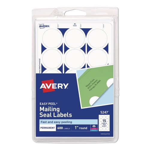 Labels | Avery 05247 1 in. Diameter Printable Mailing Seals - White (15/Sheet, 40 Sheets/Pack) image number 0