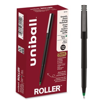 PENS | uni-ball 60154 0.5 mm Stick Roller Ball Pen - Green Ink/Black/Green Barrel/Extra-Fine (1-Dozen)