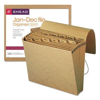 Smead 70186 Letter Size 1/12-Cut Tabs 12 Sections Elastic Cord Closure Indexed Expanding Kraft Files - Kraft