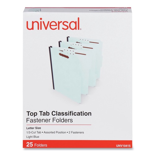 File Folders | Universal UNV10415 1 in. Expansion 2 Fasteners Letter Size Top Tab Classification Folders - Light Blue Exterior (25/Box) image number 0