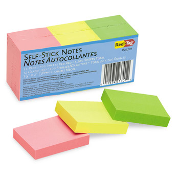 NOTEBOOKS AND PADS | Redi-Tag B23701 1.5 in. x 2 in. Self-Stick Notes - Assorted Neon Colors (12/Pack)