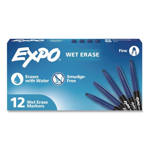 Washable Markers | EXPO 2211319 Wet Erase Markers Fine Needle Tip Blue 12/Pack image number 0
