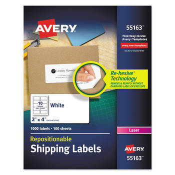 LABELS | Avery 55163 2 in. x 4 in. Repositionable Shipping Labels with Sure Feed for Inkjet/Laser Printers - White (100/Box)