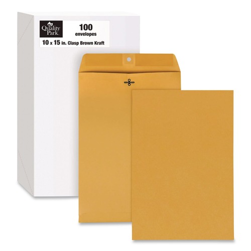 Envelopes & Mailers | Quality Park QUA37798 10 in. x 15 in. 32 lbs. Bond Weight #15 Square Flap Clasp/Gummed Closure Clasp Envelope - Brown Kraft (100/Box) image number 0