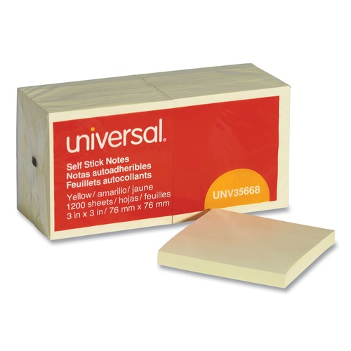 Sticky Notes & Post it | Universal UNV35668 3 in. x 3 in. Self-Stick Note Pads - Yellow (12/Pack) image number 0