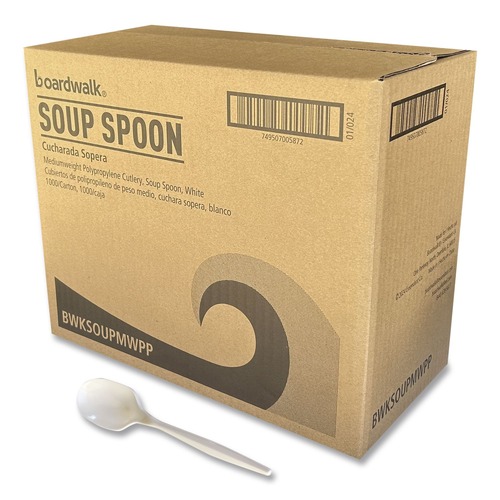 Cutlery | Boardwalk BWKSOUPMWPP 4.86 in. Mediumweight Polypropylene Soup Spoon Cutlery - White (1000/Carton) image number 0
