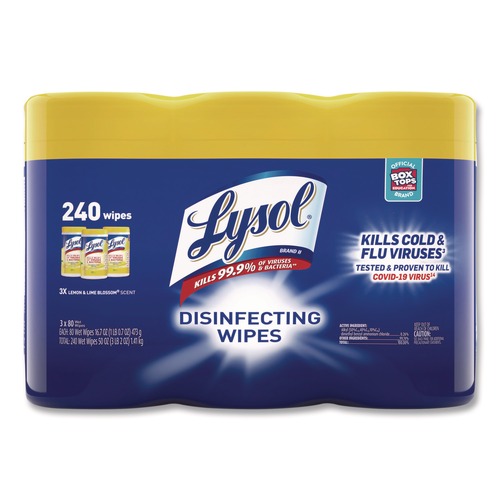Hand Wipes | LYSOL Brand 19200-84251 7 in. x 7.25 in. 1-Ply Disinfecting Wipes - Lemon and Lime Blossom/White (3/Pack) image number 0
