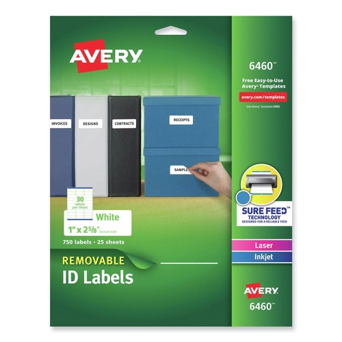 Labels | Avery 06460 1 in. x 2.63 in. Inkjet/Laser Printers Removable Multi-Use Labels - White (750/Pack) image number 0