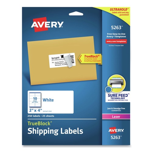 Just Launched | Avery 05263 TrueBlock 2 in. x 4 in. Shipping Labels - White (10/Sheet, 25 Sheets/Pack) image number 0