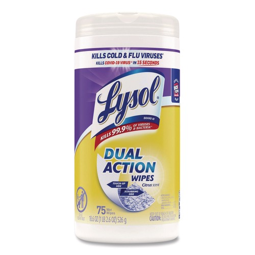 Hand Wipes | LYSOL Brand 19200-81700 7 in. x 7.5 in. 1-Ply Dual Action Disinfecting Wipes - Citrus Scent White/Purple image number 0