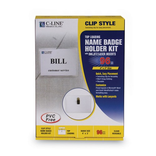 Label & Badge Holders | C-Line 95596 4 in. x 3 in. Top Load Clip Style Name Badge Kits - Clear (96/Box) image number 0