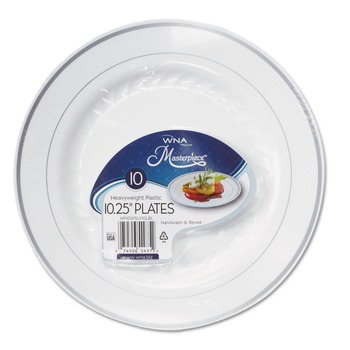 WNA RSMP101210WSLV 10.25 in. Diameter Masterpiece Plastic Dinnerware - White/Silver (10/Pack)