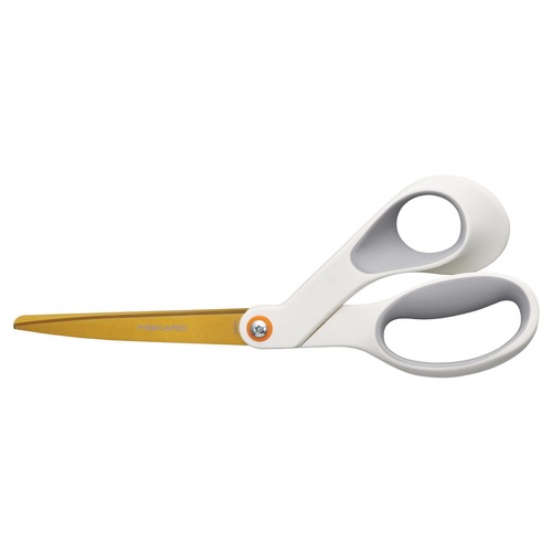 Back to School Sale | Fiskars 1069766 8 in. Long 4 in. Cut Length Offset SoftGrip Titanium Scissors - White Handle image number 0