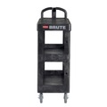 Cleaning Carts | Rubbermaid Commercial 2203280 BRUTE 25.24 in. x 48.63 in. x 46.18 in. 3 Shelves 600 lb Capacity Resin 3-Shelf Heavy-Duty Ergo Flat Utility Cart - Black image number 0