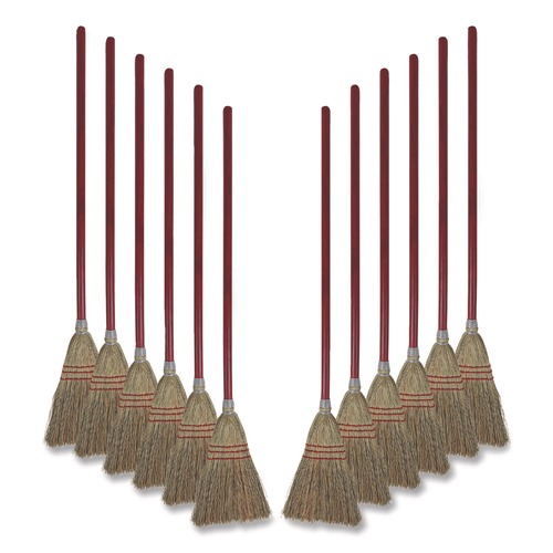 Brooms | Boardwalk BWK951TCT Corn Fiber Lobby/Toy Broom with 39 in. Wood Handle - Red/Yellow (12/Carton) image number 0