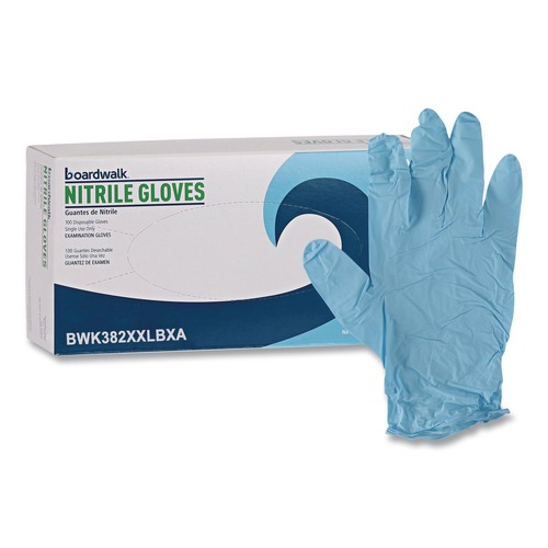 Disposable Gloves | Boardwalk 382XXLBXA 9.5 in. Long 5 mil. Thick Powder-Free Disposable Examination Nitrile Gloves - XX-Large Blue (100/Box) image number 0