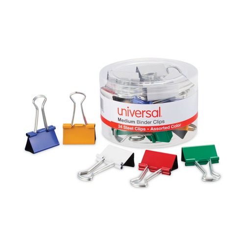 Binding Spines & Combs | Universal UNV31029 Binder Clips with Storage Tub - Medium, Assorted (24/Pack) image number 0
