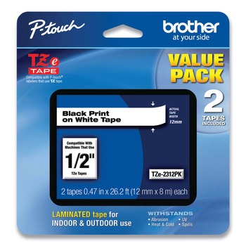 Brother P-Touch TZE2312PK Tze Standard Adhesive 0.47 in. x 26.2 ft. Laminated Labeling Tapes - Black On White (2/Pack)