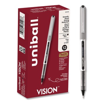 uni-ball 60126 VISION Fine 0.7 mm Black Ink Roller Ball Pen Stick - Silver/Black/Clear Barrel (1 Dozen)