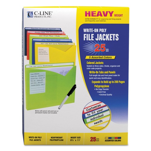 File Jackets & Sleeves | C-Line 63060 Straight Tab Write-On Poly File Jackets - Letter, Assorted Colors (25/Box) image number 0