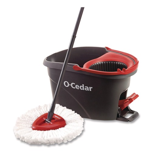 Mops | O-Cedar 148473EA 51 in. Adjustable Handle EZWring Spin Mop System - White Microfiber Head, Red/Gray Handle image number 0