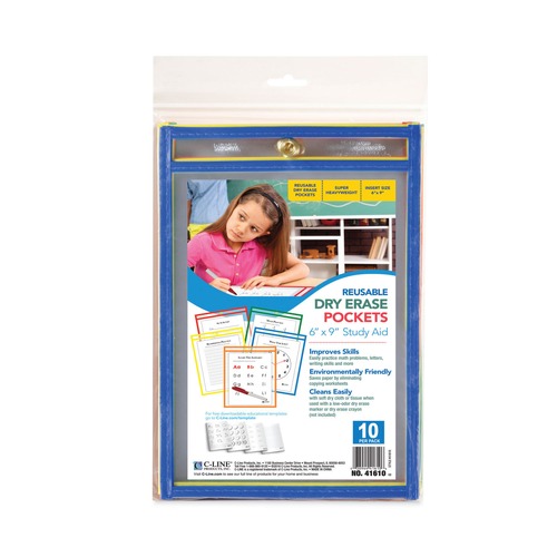Report Covers & Pocket Folders | C-Line 41610 6 in. x 9 in. Reusable Dry Erase Pockets - Assorted Primary Colors (10/Pack) image number 0
