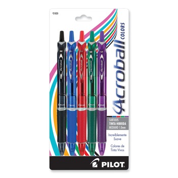  | Pilot 31820 Medium 1 mm Retractable Acroball Colors Advanced Ink Hybrid Gel Pen- Assorted Ink and Barrel Colors (5/Pack)