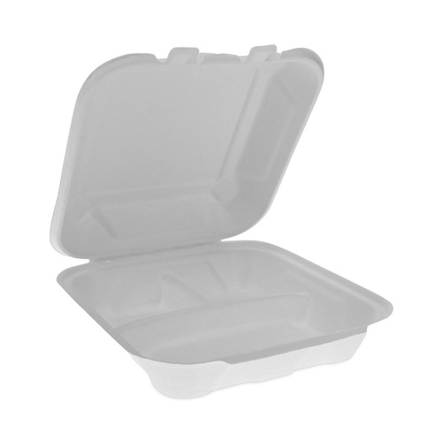 Food Trays, Containers, and Lids | Pactiv Corp. YMCH08030001 EarthChoice 7.8 in. x 7.8 in. x 2.8 in. Bagasse Hinged Lid 3-Compartment Container with Dual Tab Lock - Natural (150/Carton) image number 0