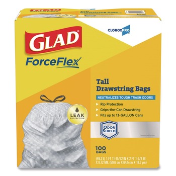  | Glad 70427 ForceFlex 13 Gallon 0.72 mil 23.75 in. x 24.88 in. Tall Kitchen Drawstring Trash Bags - Gray (100/Carton)