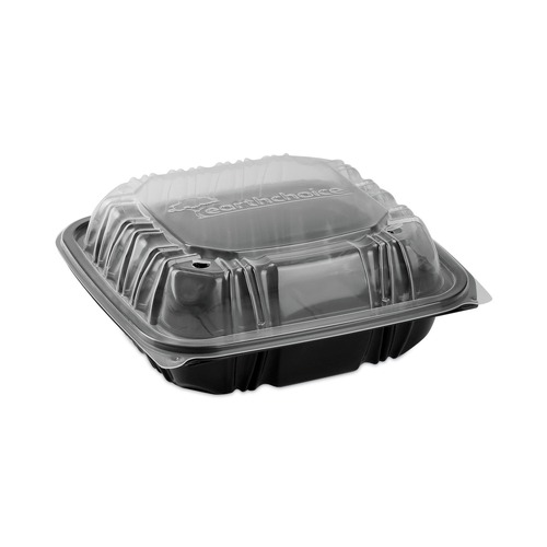 Food Trays, Containers, and Lids | Pactiv Corp. DC858310B000 21 oz 3-Compartment EarthChoice Vented Dual Color Microwavable Hinged Lid Container - Black/Clear (150/Carton) image number 0