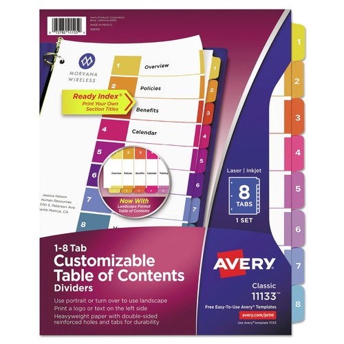 Back to School Sale | Avery 11133 Ready Index 11 in. x 8.5 in. 8-Tab 1 to 8 Customizable TOC Multicolor Tab Dividers - White/Traditional Color Tabs (1-Set) image number 0