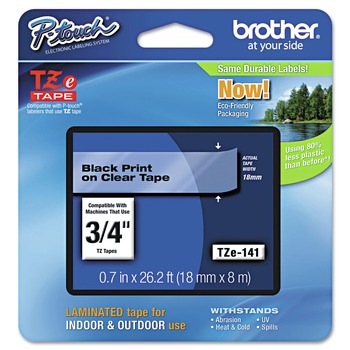  | Brother P-Touch TZE141 TZe 0.7 in. x 26.2 ft. Standard Adhesive Laminated Labeling Tape - Black on Clear